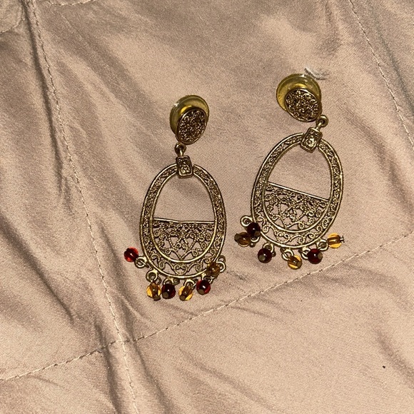 Y2K Gold Chandelier Dangle Earrings Gold Beads Stunning 3” - Picture 3 of 3